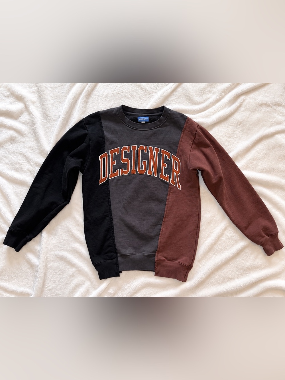 Market Colorblock Crewneck Sweater with 'DESIGNER' Chest - Black/Gray/Brown